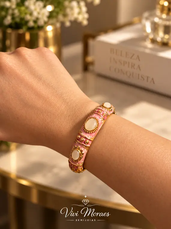 Bracelete esmaltado rosa com detalhes dourados, semijoia Vivi Moraes