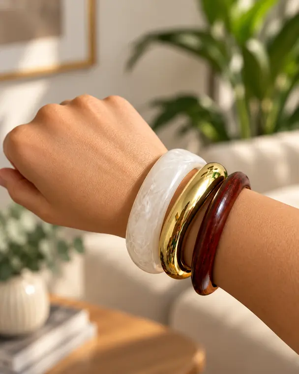 Braceletes de resina e bracelete dourado usados no pulso