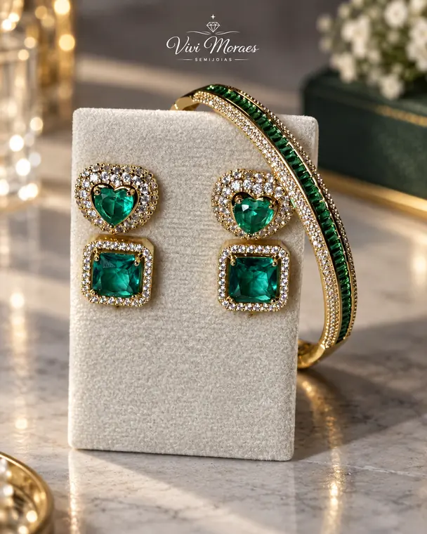 Brincos e bracelete de semijoia com pedras verde esmeralda