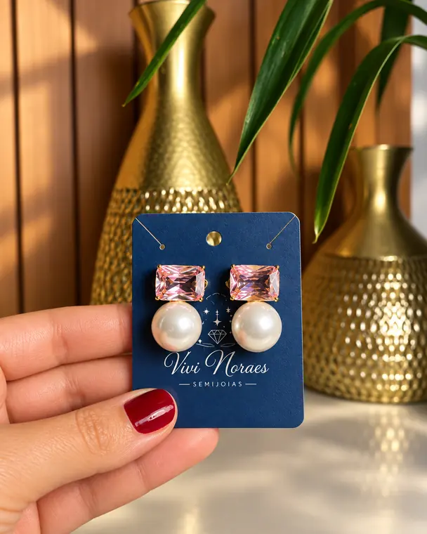 Brincos de pérola com cristal rosa, semijoia Vivi Moraes