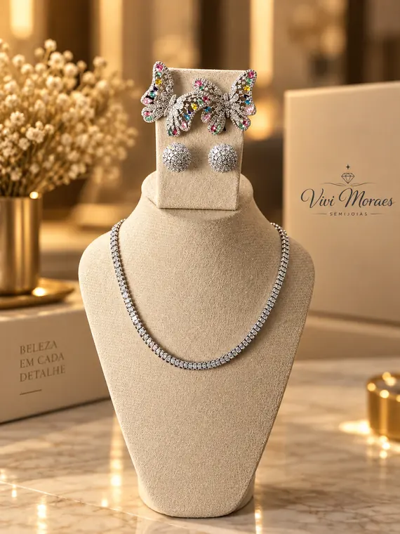 Choker cravejado de zircônias e brinco borboleta colorido, semijoia Vivi Moraes