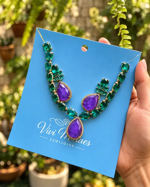 Colar de semijoia com pedras verde esmeralda e ametista na cartela Vivi Moraes