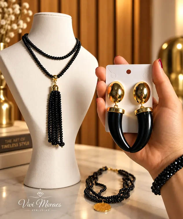 Colar longo preto com pingente de franjas e brincos, semijoia Vivi Moraes