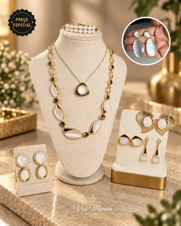 Conjunto dourado com madrepérola: colar, pulseira e brincos, semijoia Vivi Moraes