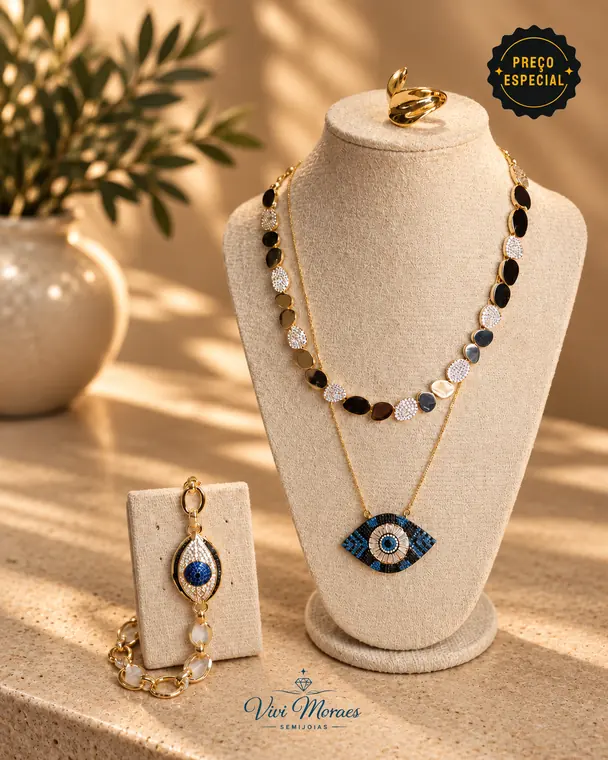 Conjunto de semijoias com colar olho grego, pulseira e brincos banhados a ouro