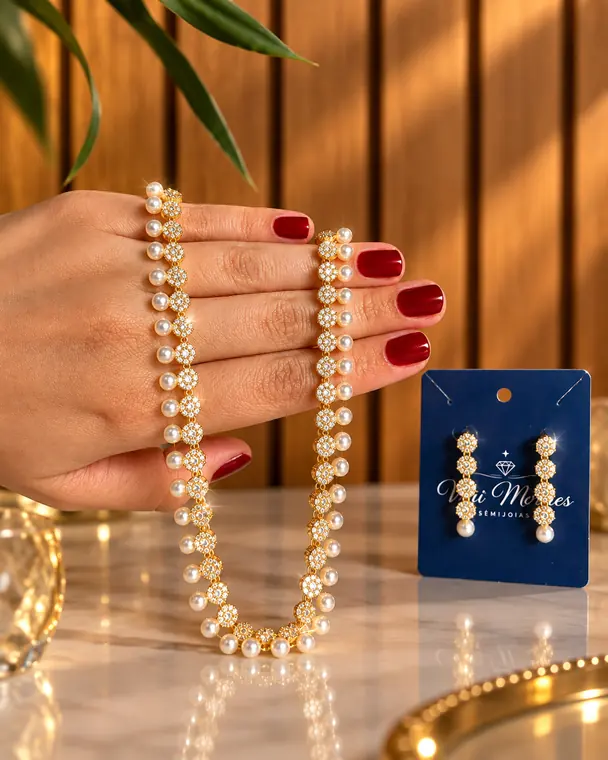 Pulseira e colar de pérolas com zircônias, semijoia Vivi Moraes