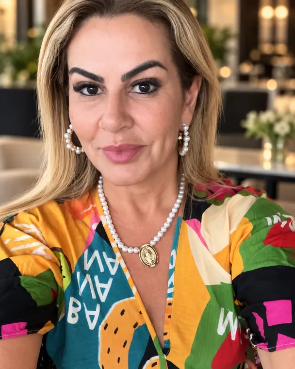 Viviane Moraes usando colar de pérolas com pingente dourado